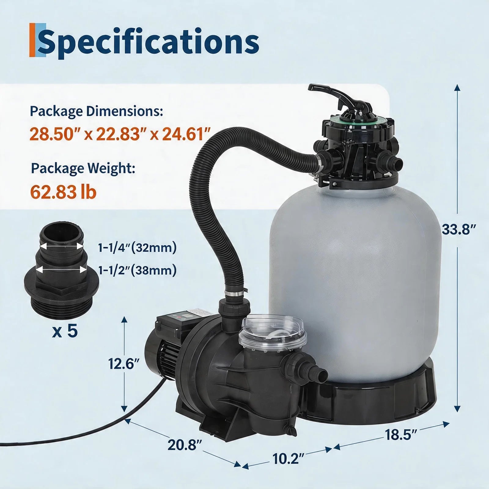 Above Ground Pool Sand Filter System, 19 Inch 1.5HP 6075 GPH Pump With 7-Way Valve, Timer And Strainer Basket