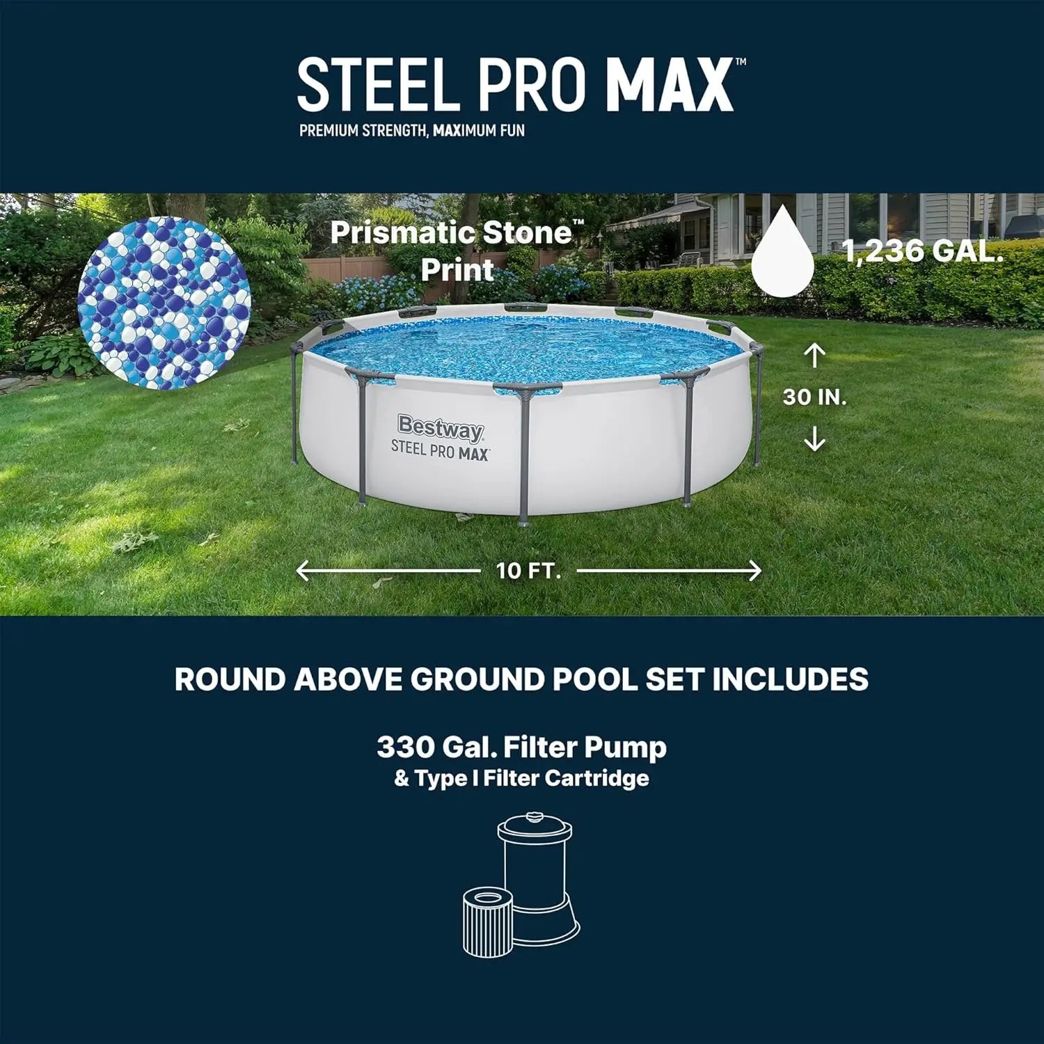 Steel Pro MAX 10' x 30" Above Ground Pool, Round Metal Frame Outdoor Swimming Pool Set with Filter Pump & Type I Cartridge